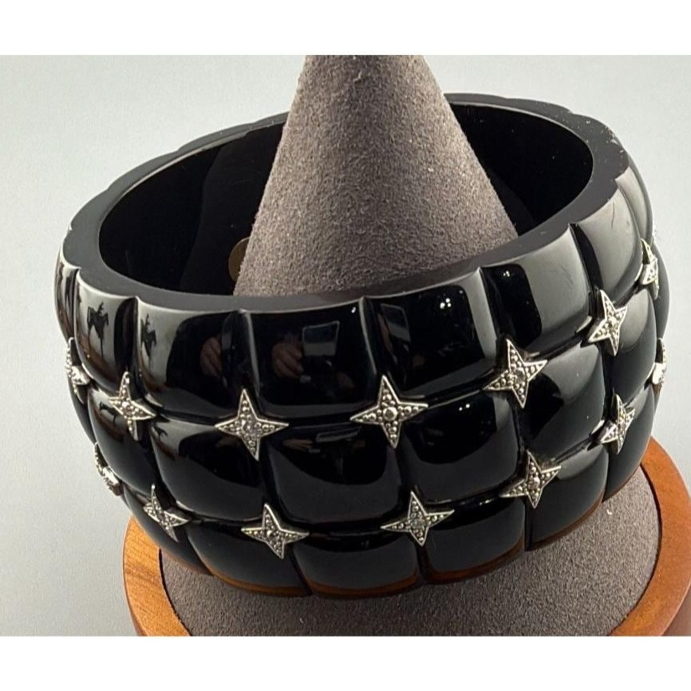 Miriam Salat Bangle Black Carved Resin Wide Sterling CZ Inlay Stars 2.5"